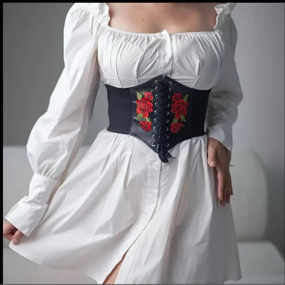 New rose embroidered faux leather elastic stretch belt waist cinch - Picture 2 of 5